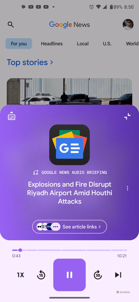 Screenshot of an Android screen showing Google News app playing the daily audio briefing