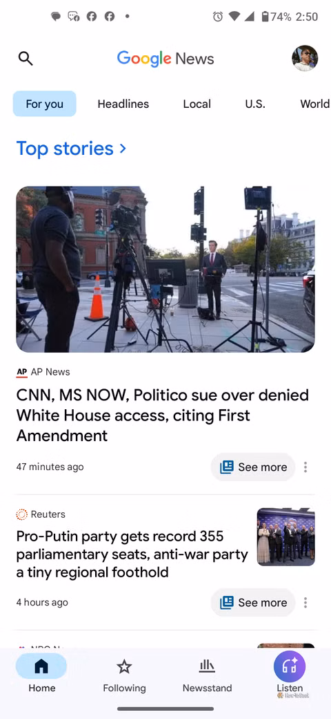 Android screenshot showing Google News 'Top stories' section