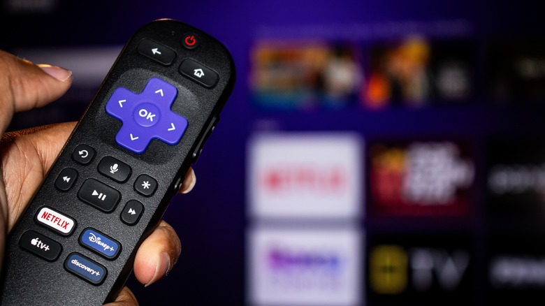 Person holding up a Roku remote in front of a TV.